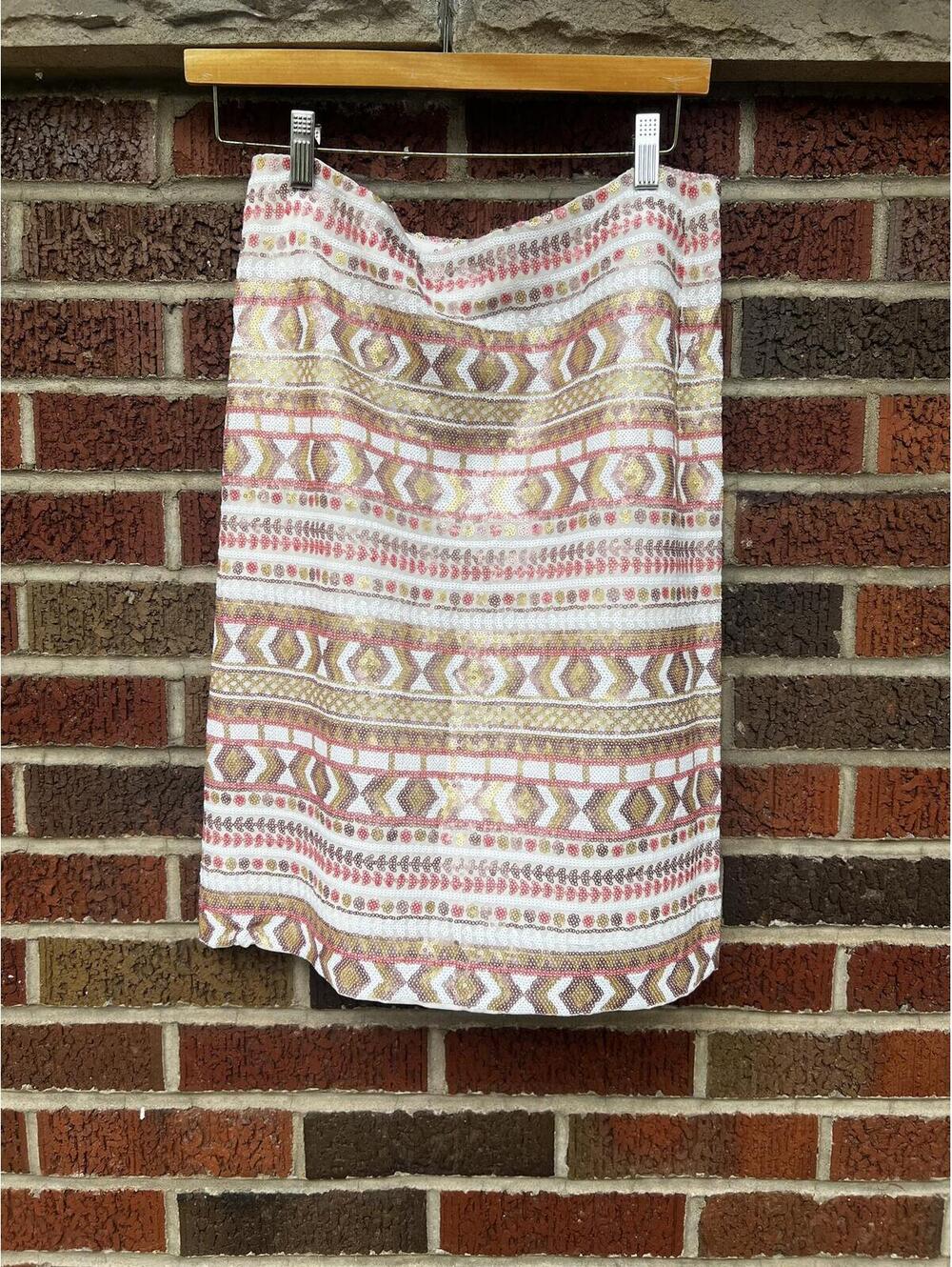 Mark Zunino White Pink and Gold Sequin Aztec Midi Skirt